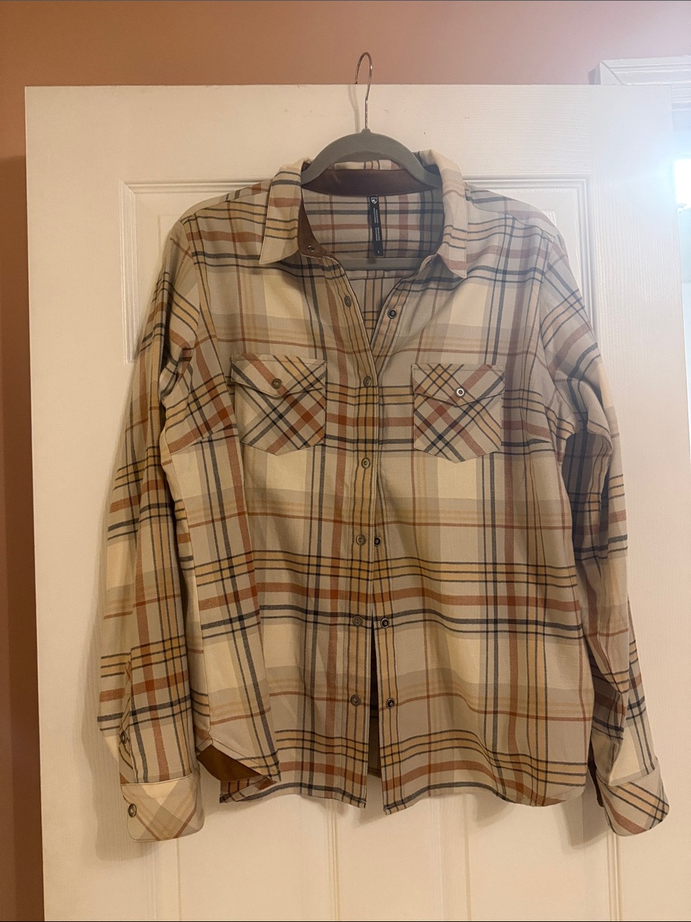 Kuhl Women's Cream and Brown Plaid Button-Down Shirt